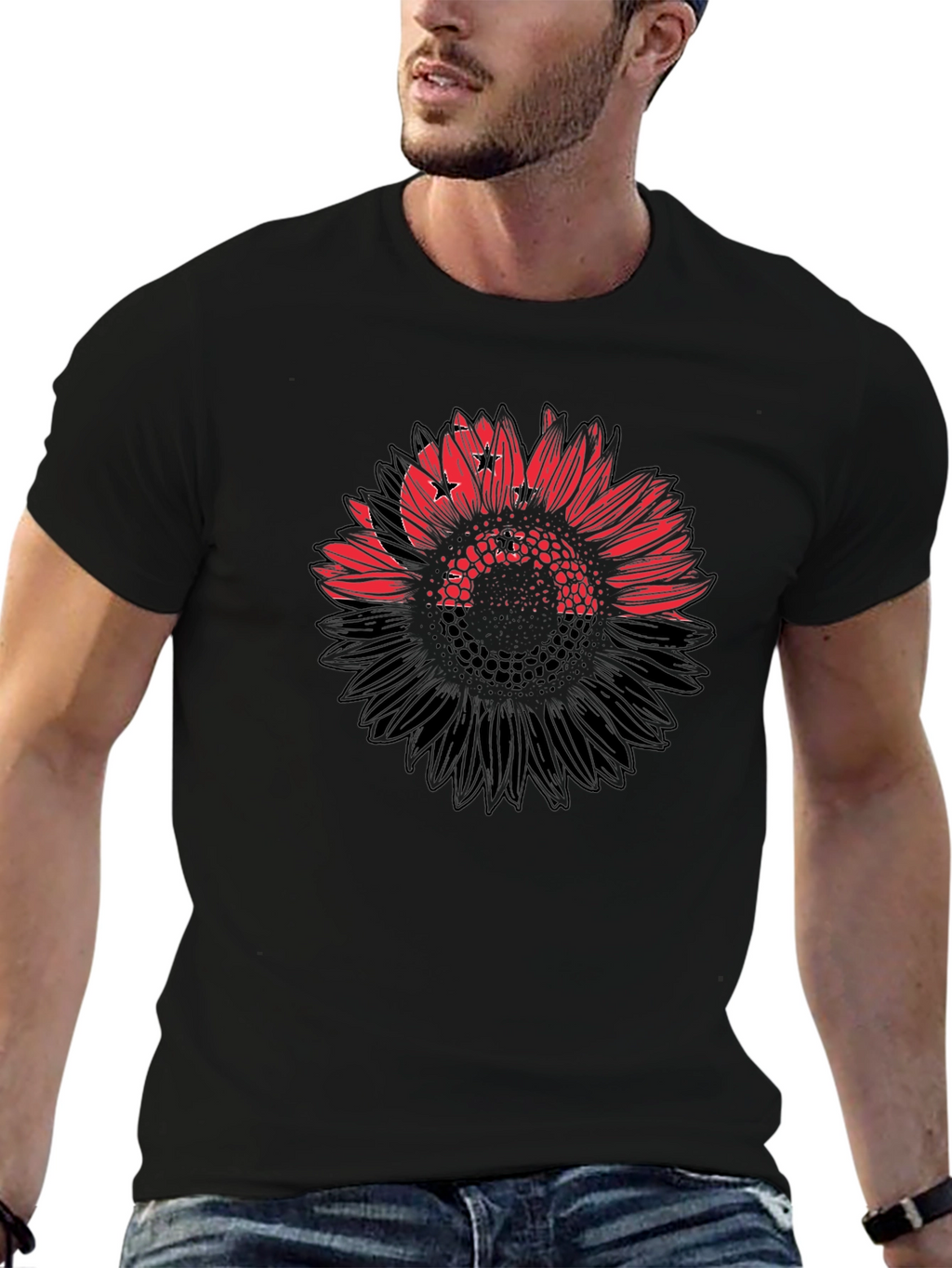 Mens Black T-Shirt with Sunflower Design