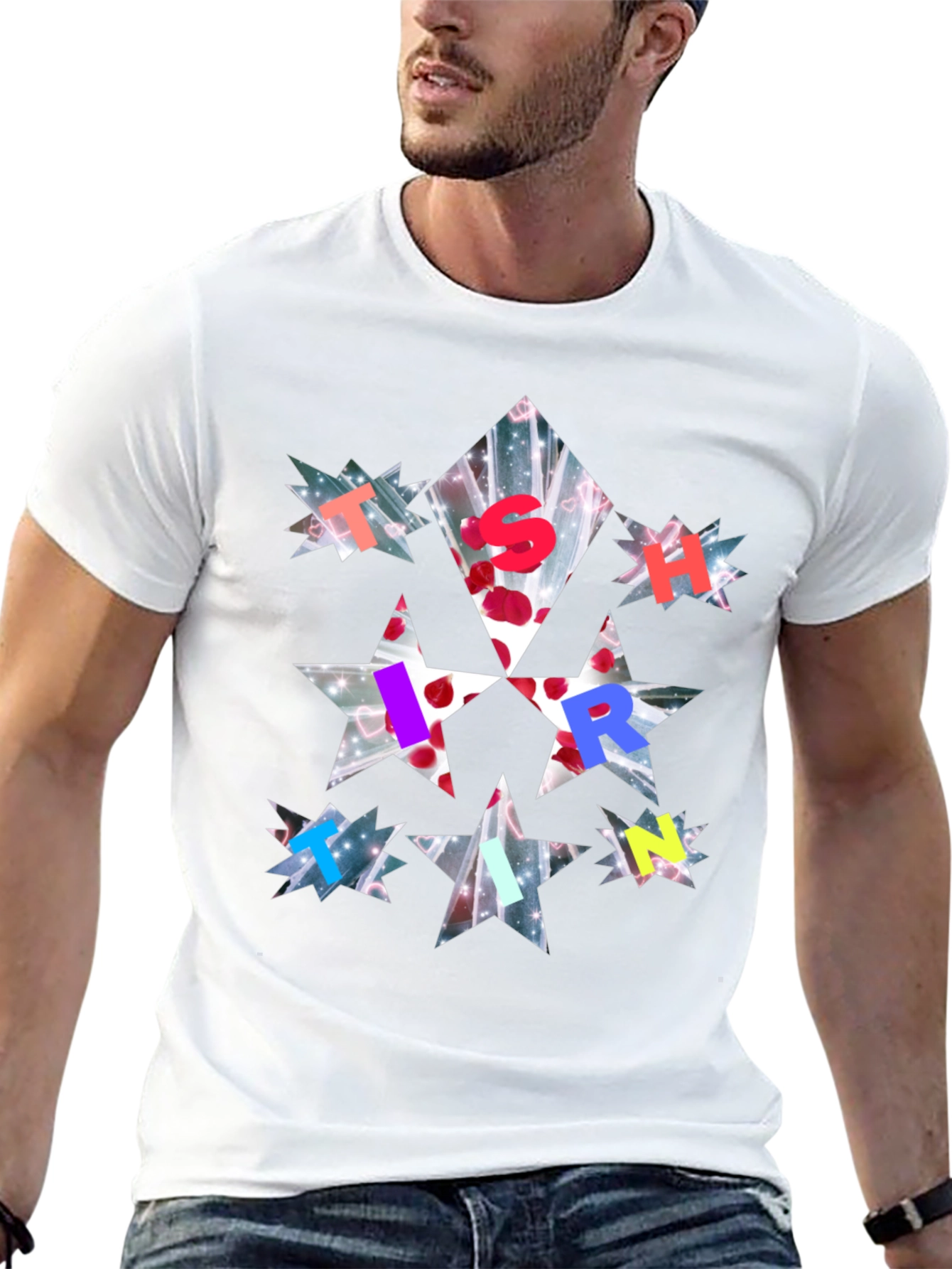 Star Letter Print Black T-Shirt