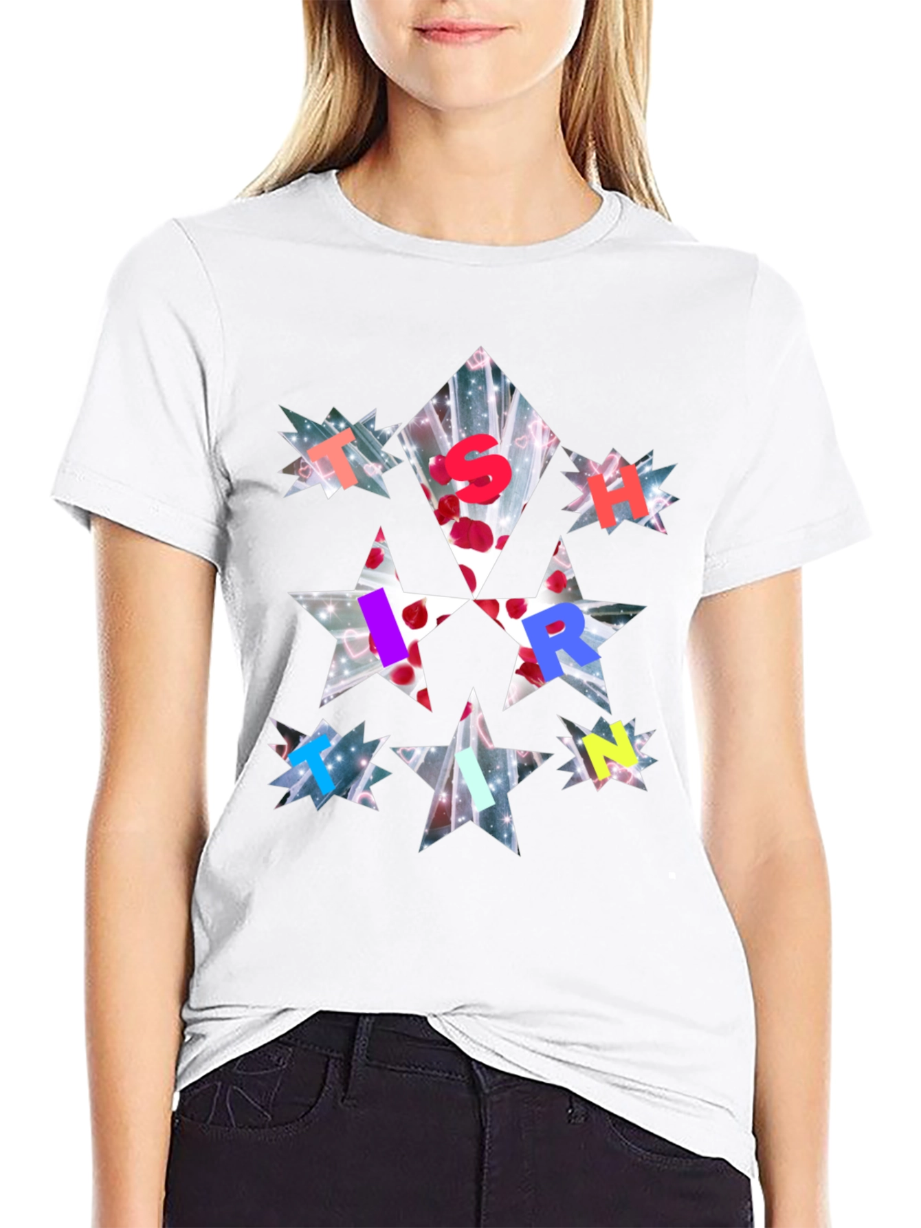 Star Letter Print Black T-Shirt
