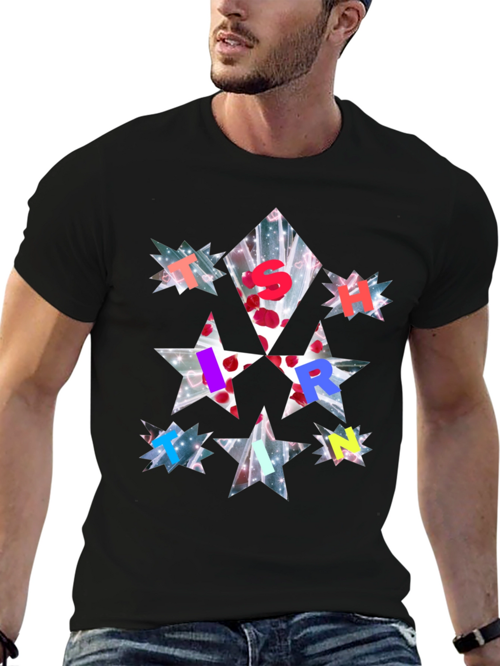Star Letter Print Black T-Shirt