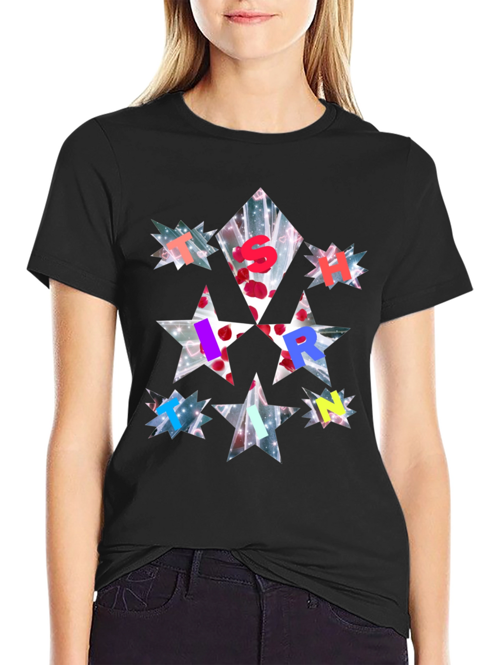 Star Letter Print Black T-Shirt