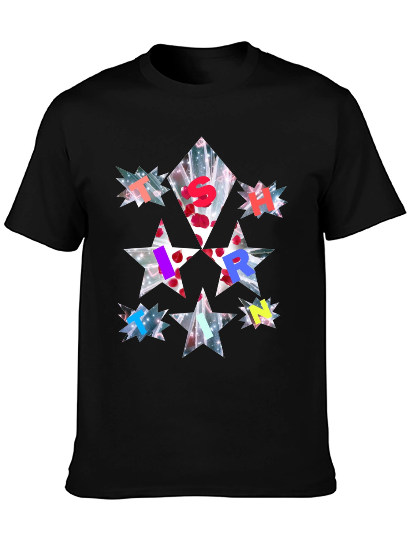 Star Letter Print Black T-Shirt