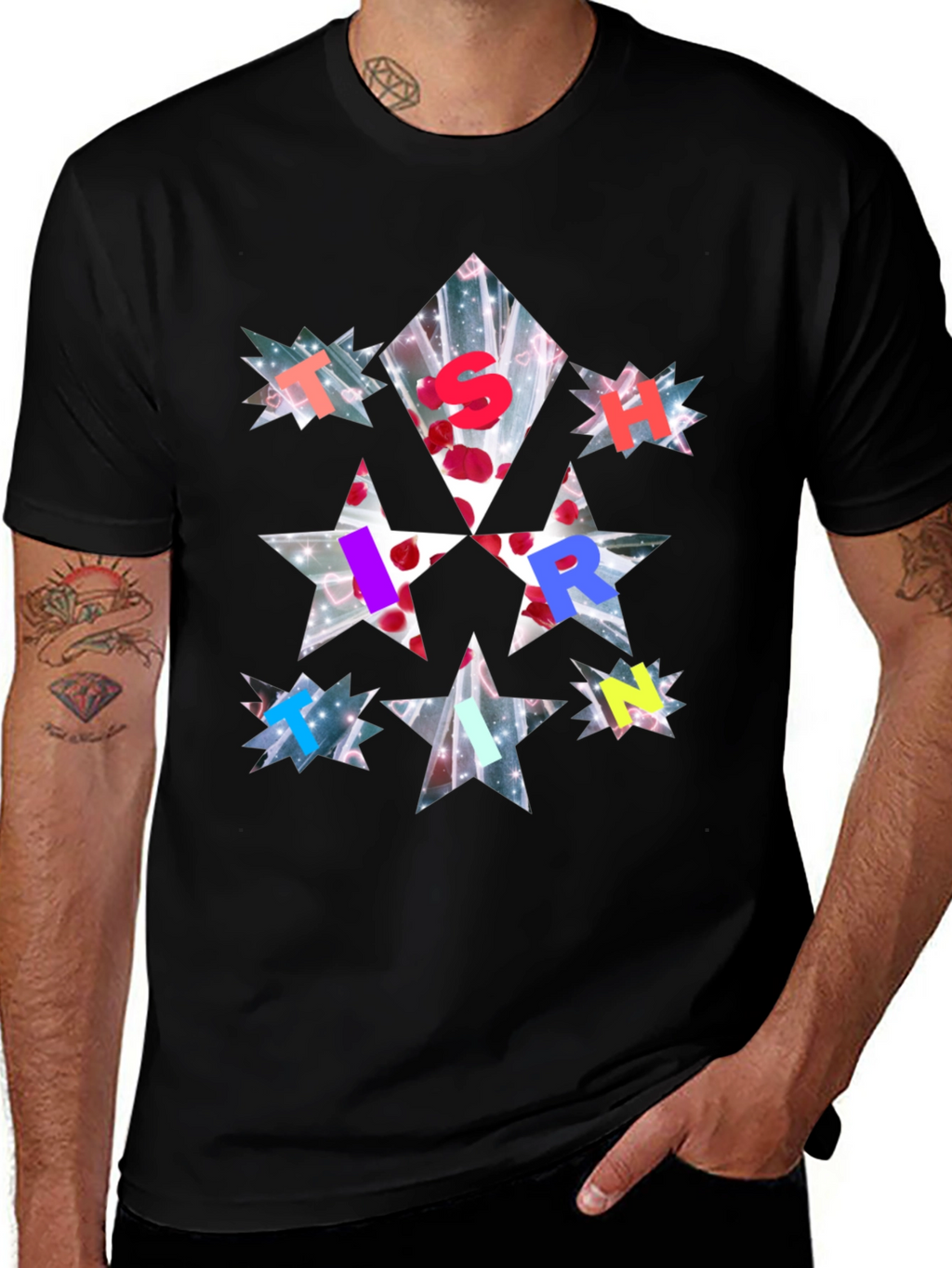 Star Letter Print Black T-Shirt
