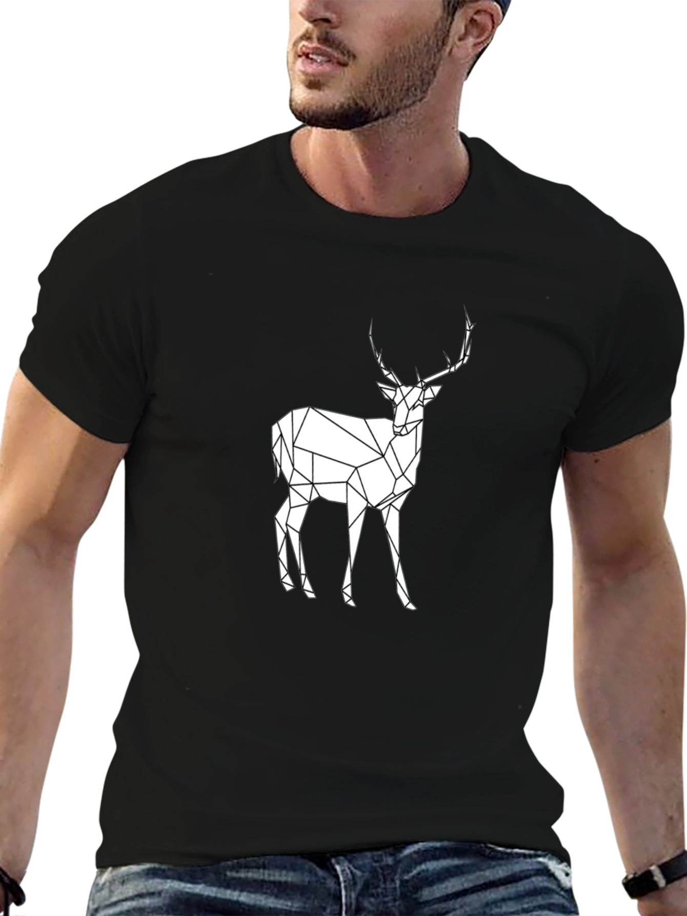 Geometric Deer Graphic Tee - Black Cotton T-Shirt