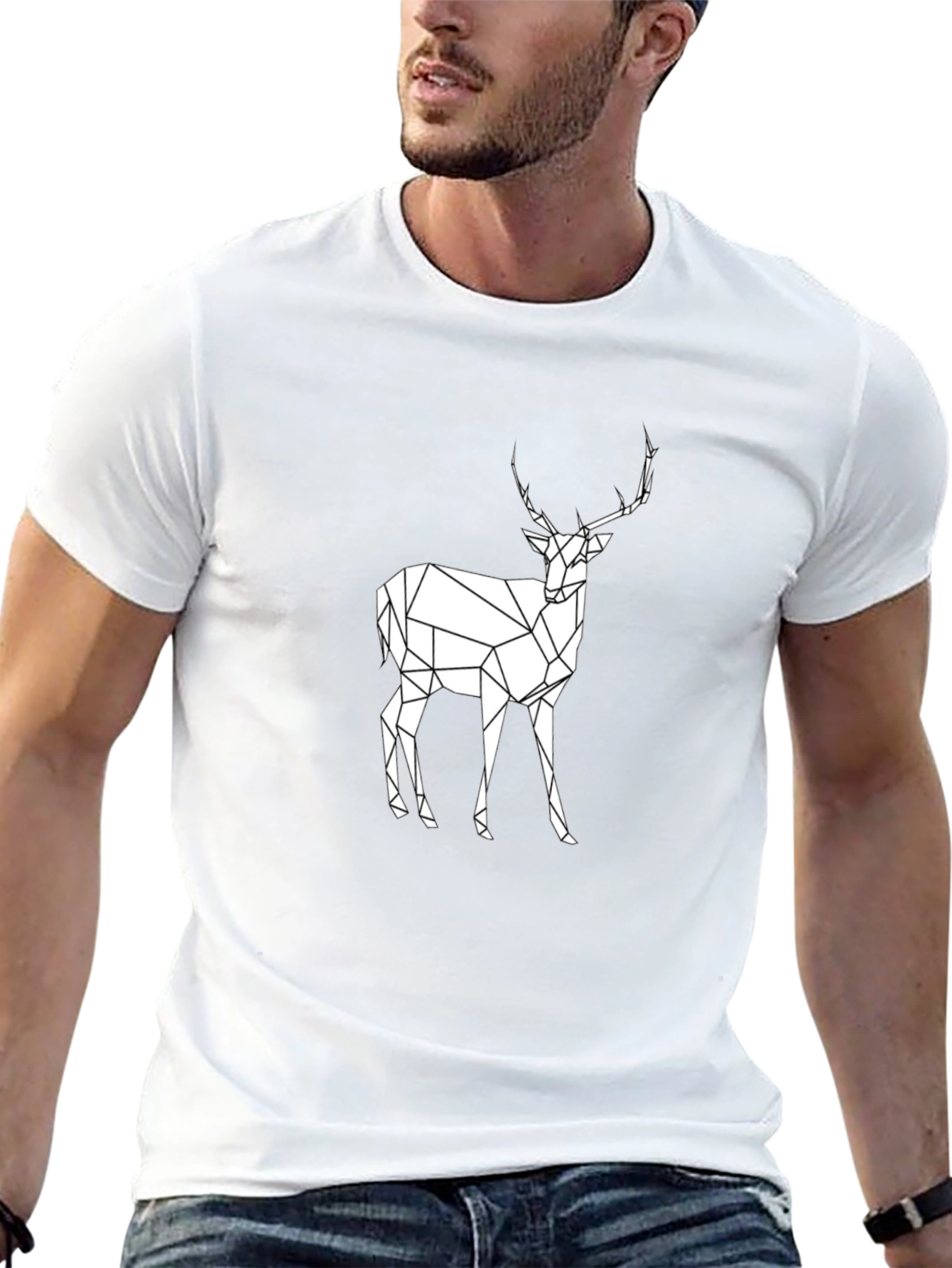 Geometric Deer Graphic Tee - Black Cotton T-Shirt