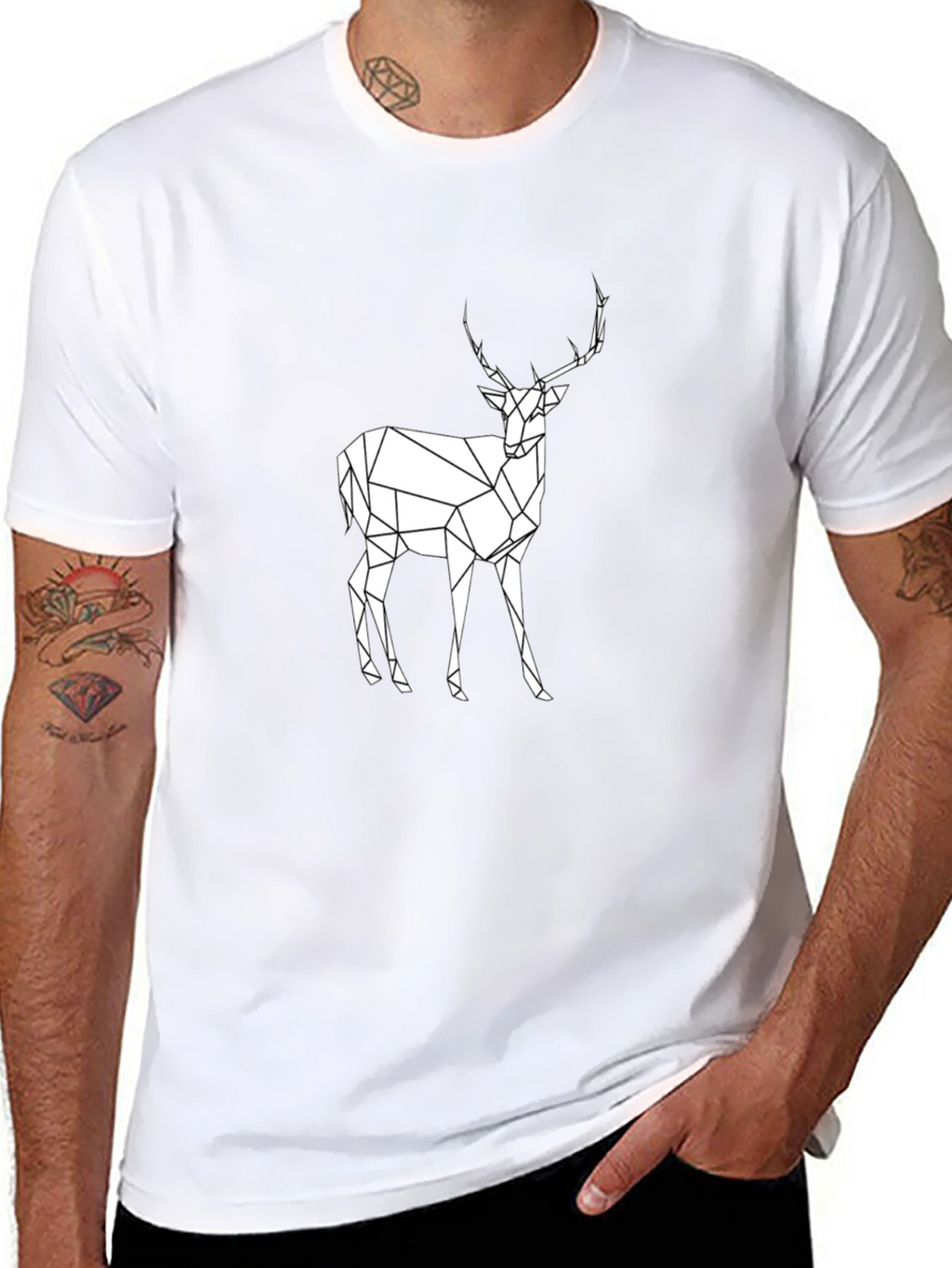 Geometric Deer Graphic Tee - Black Cotton T-Shirt