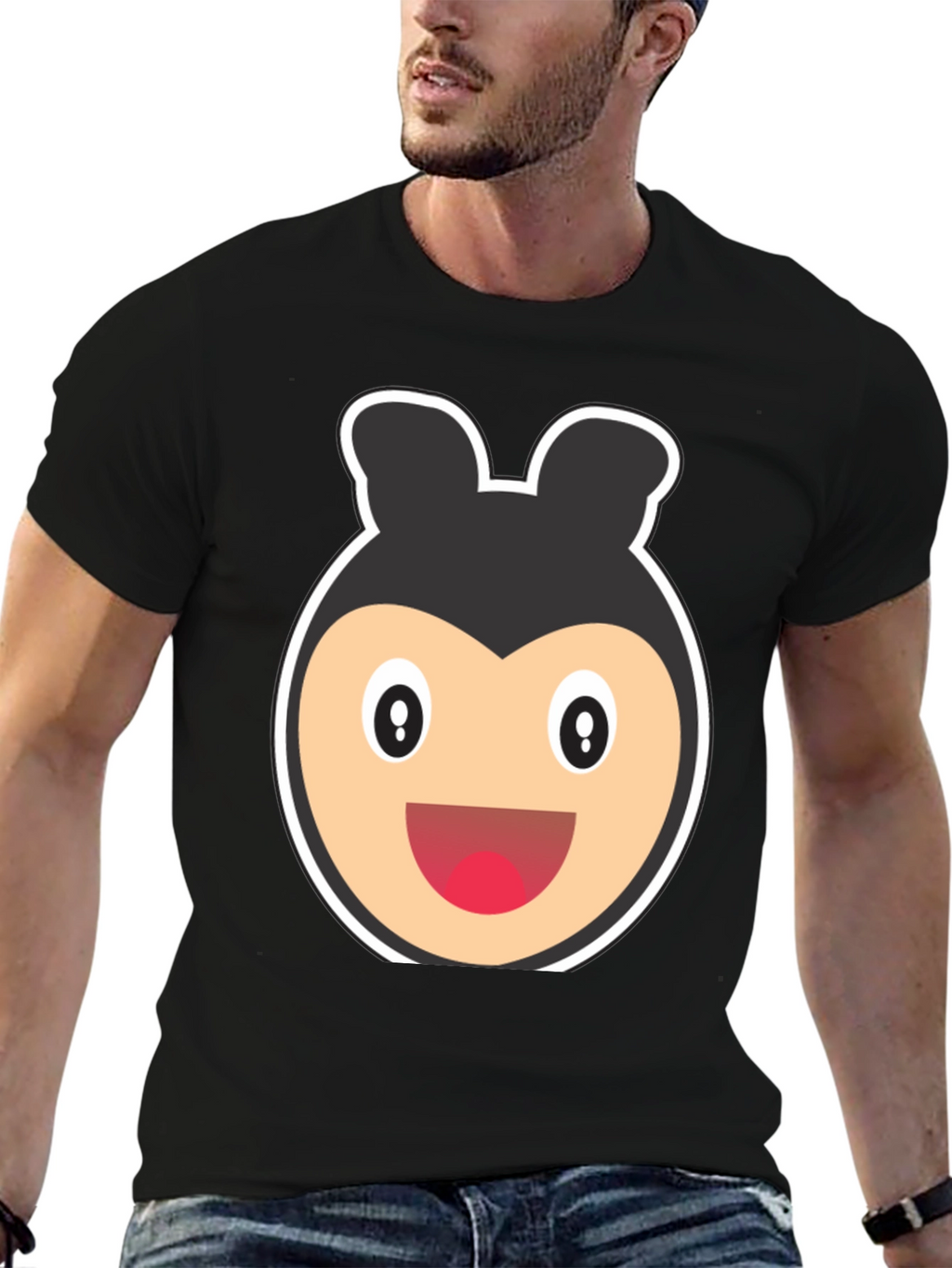 Cartoon Bear Face Black T-Shirt