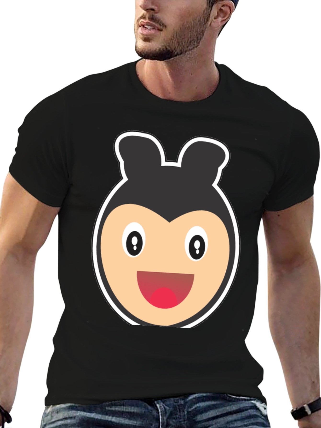 Cartoon Bear Face Black T-Shirt