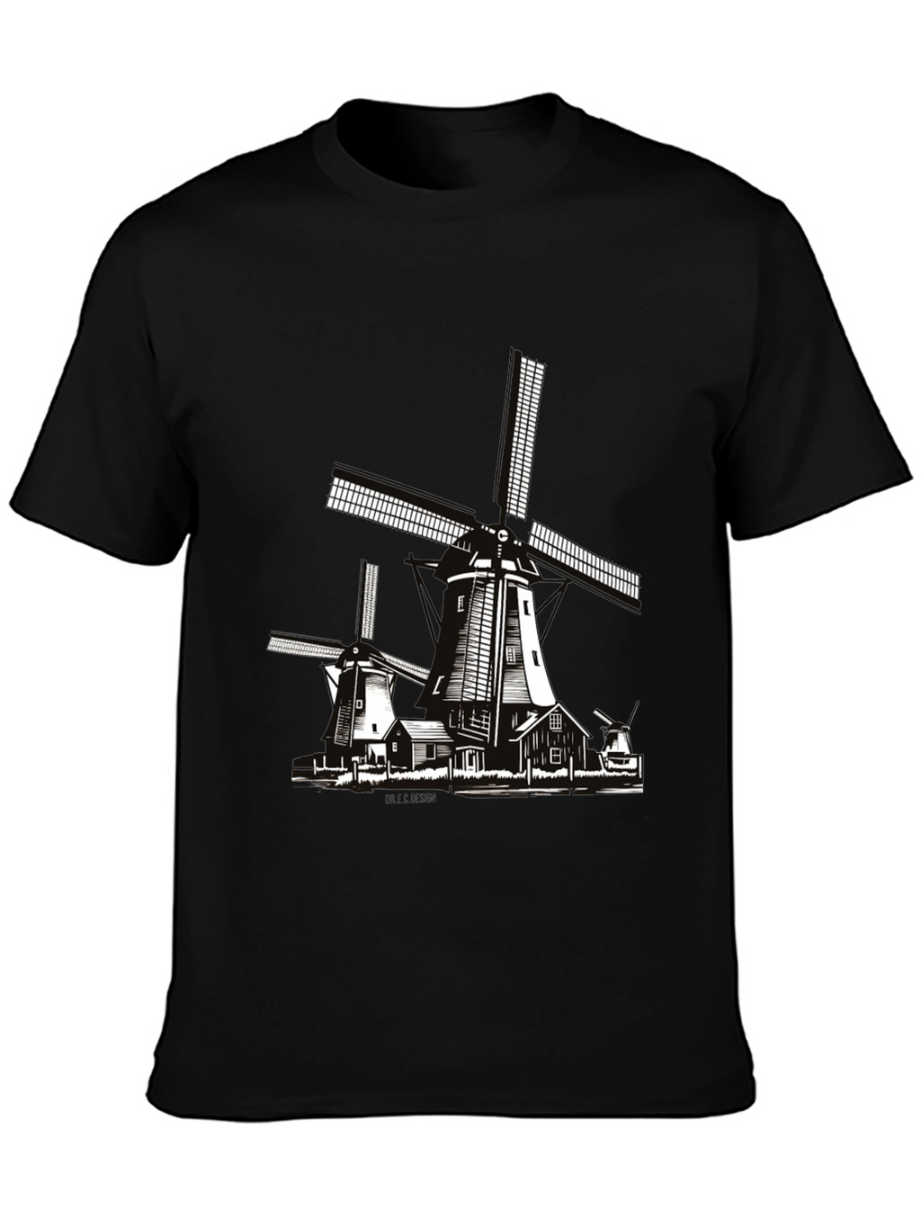 Dutch Windmill Graphic T-Shirt - Black Cotton Tee