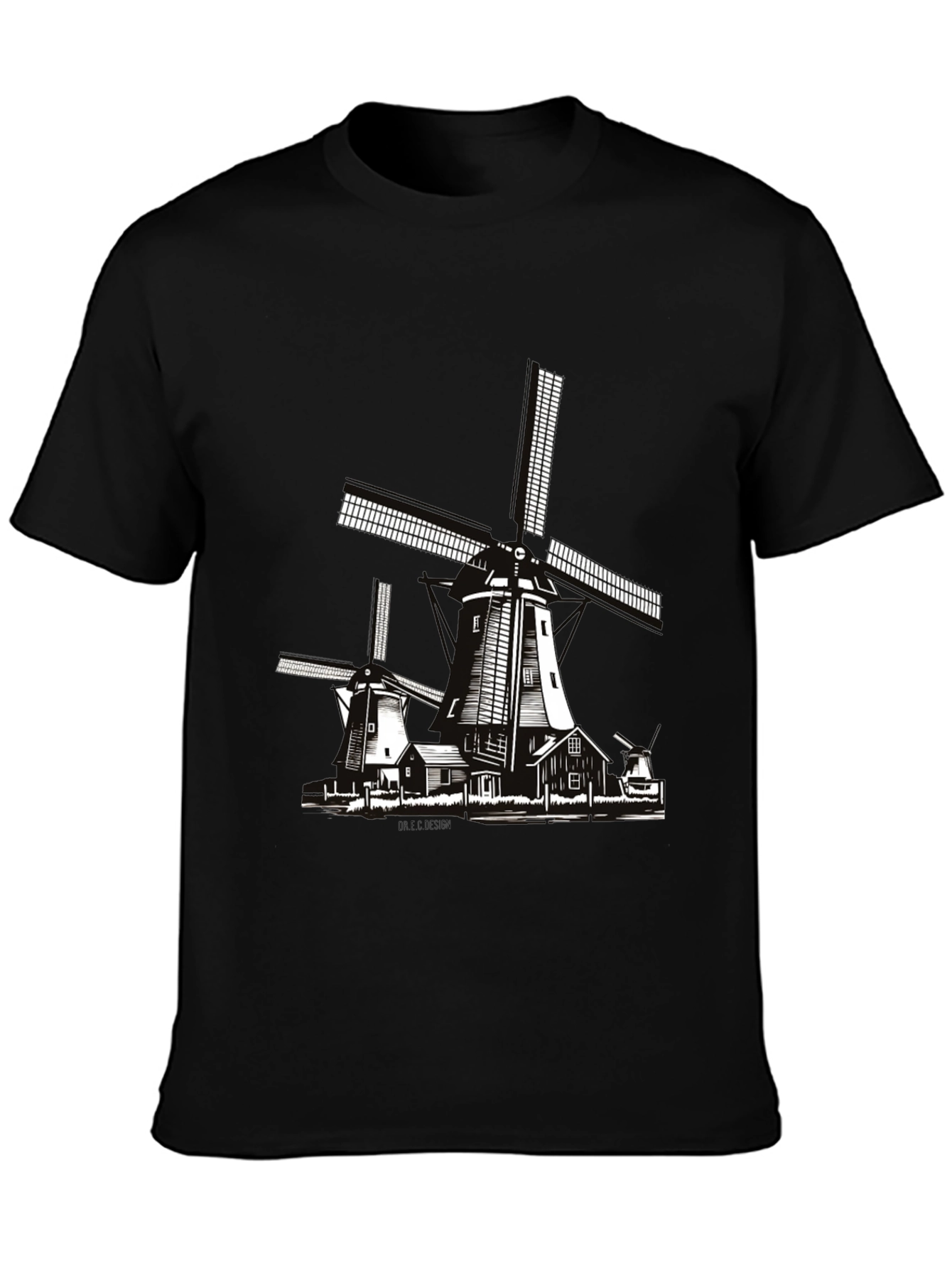 Dutch Windmill Graphic T-Shirt - Black Cotton Tee