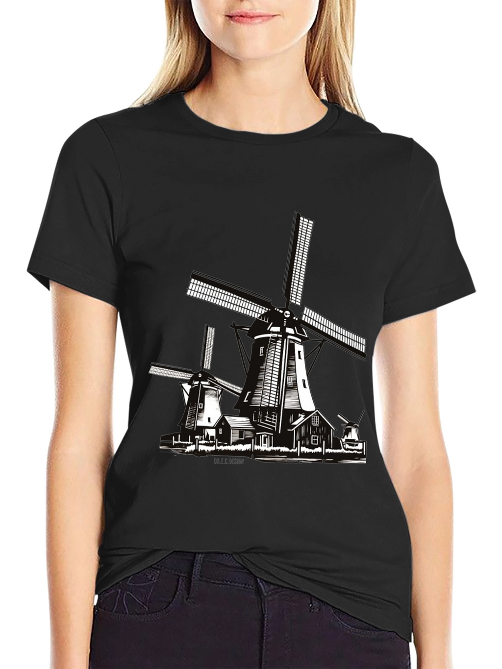 Dutch Windmill Graphic T-Shirt - Black Cotton Tee