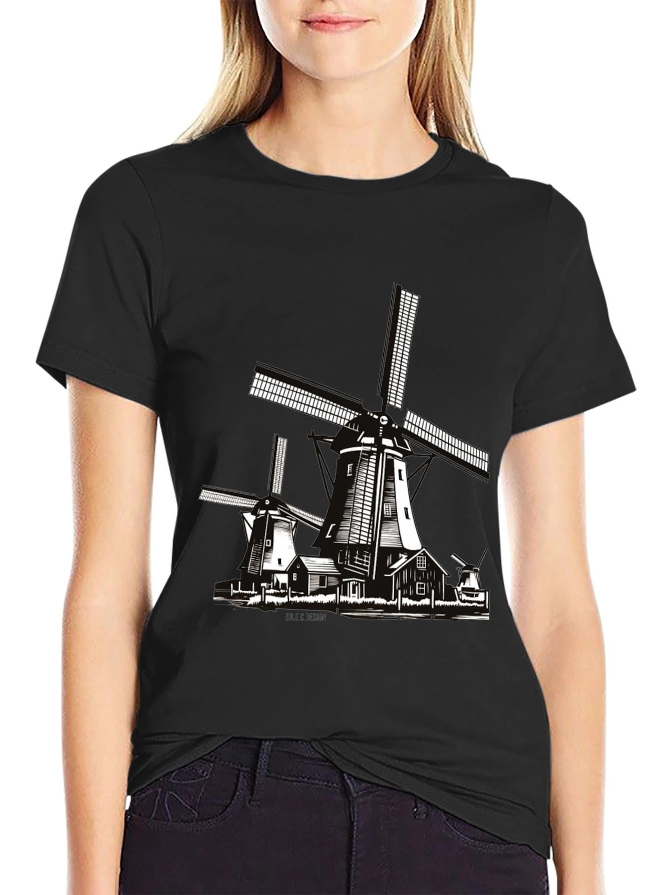 Dutch Windmill Graphic T-Shirt - Black Cotton Tee