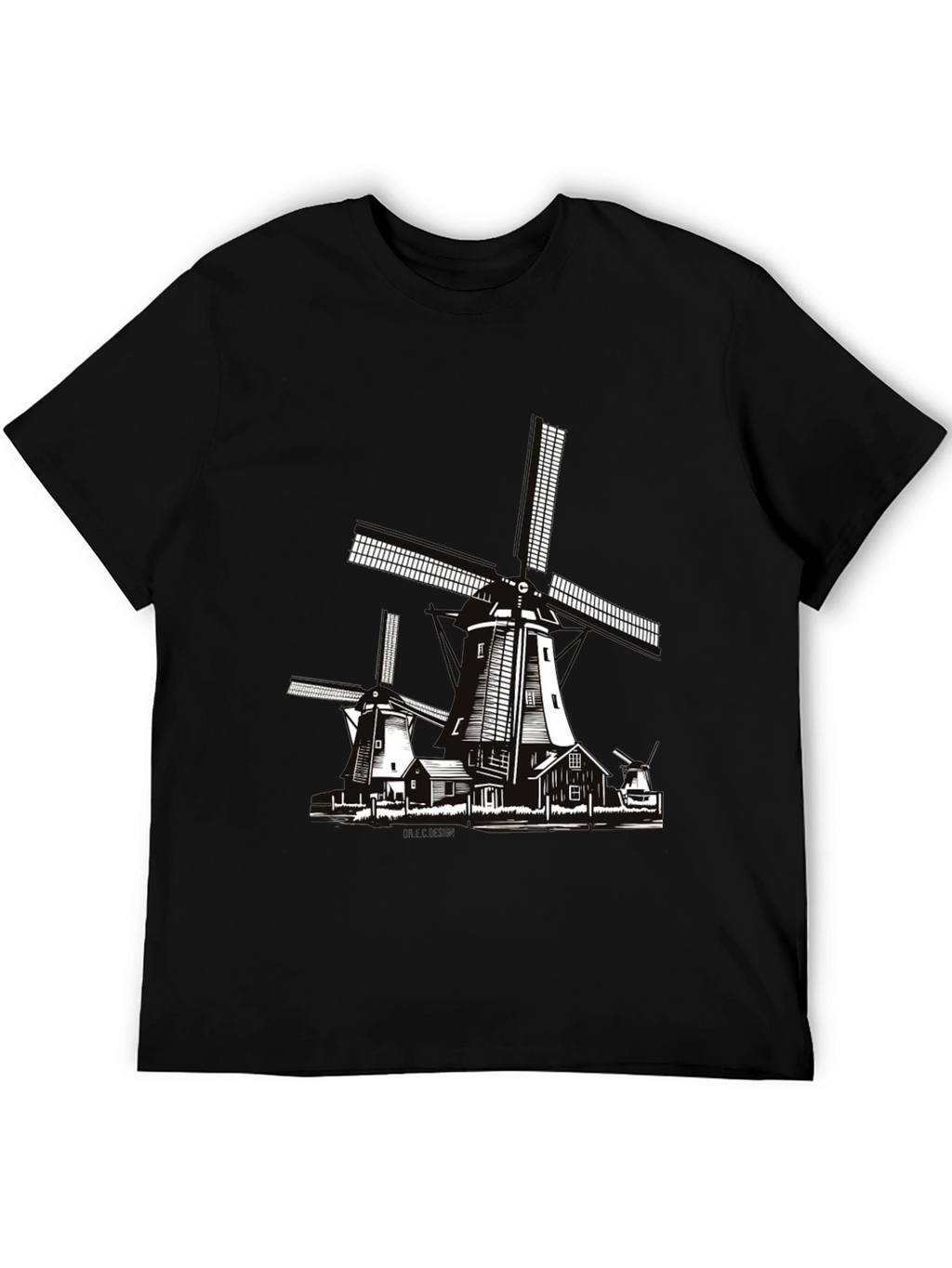 Dutch Windmill Graphic T-Shirt - Black Cotton Tee