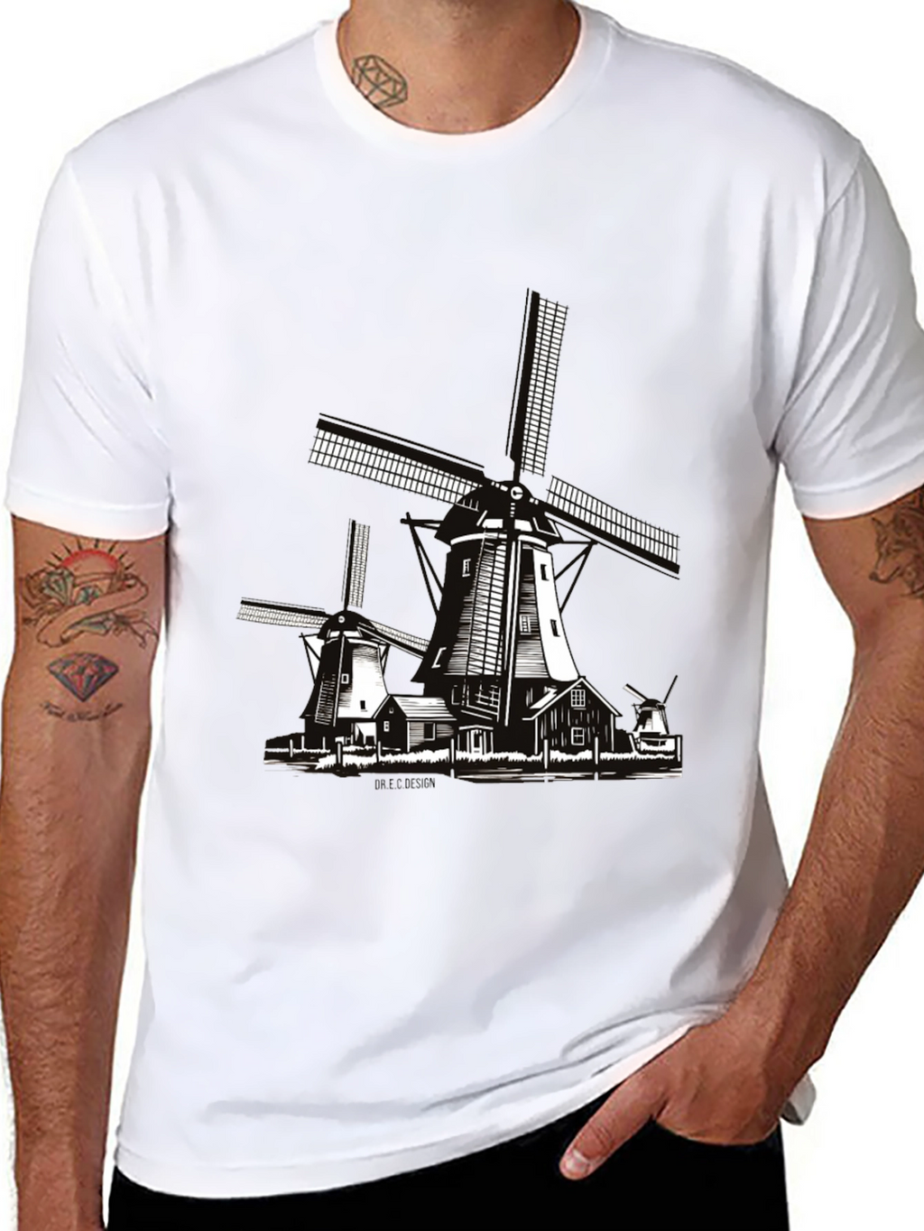 Dutch Windmill Graphic T-Shirt - Black Cotton Tee