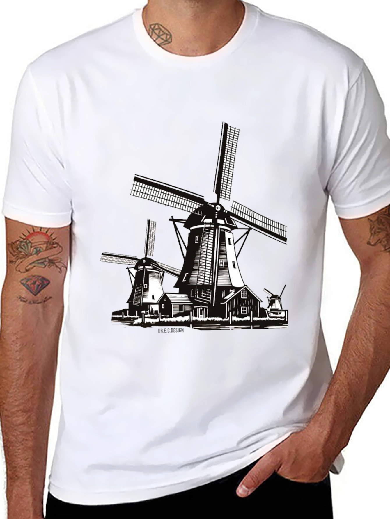 Dutch Windmill Graphic T-Shirt - Black Cotton Tee