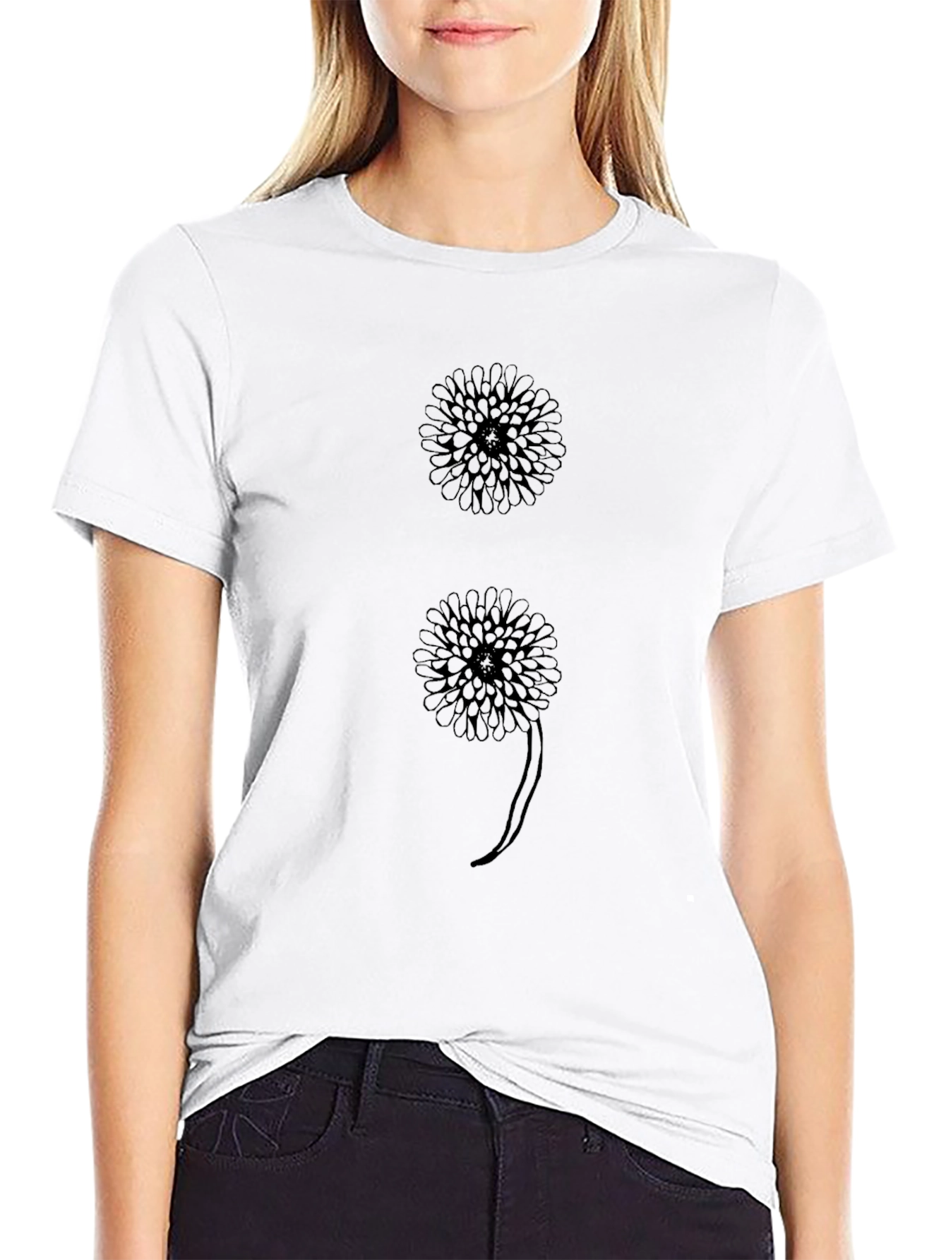 Floral Semicolon Graphic Tee - Black Cotton T-Shirt