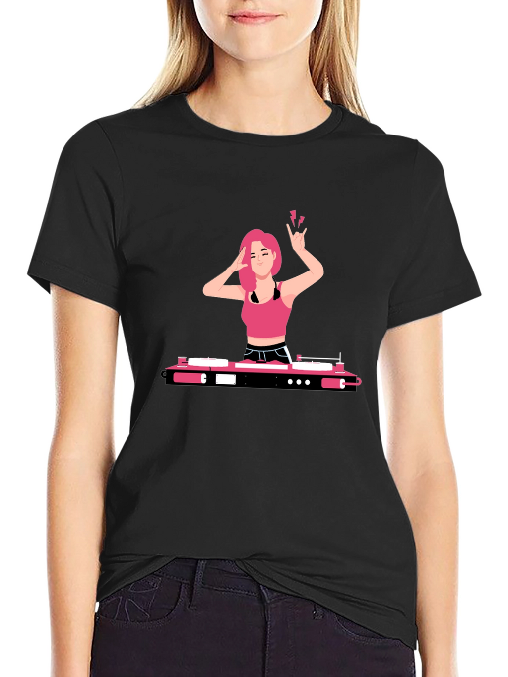 DJ Girl Graphic Tee - Trendy Black T-Shirt