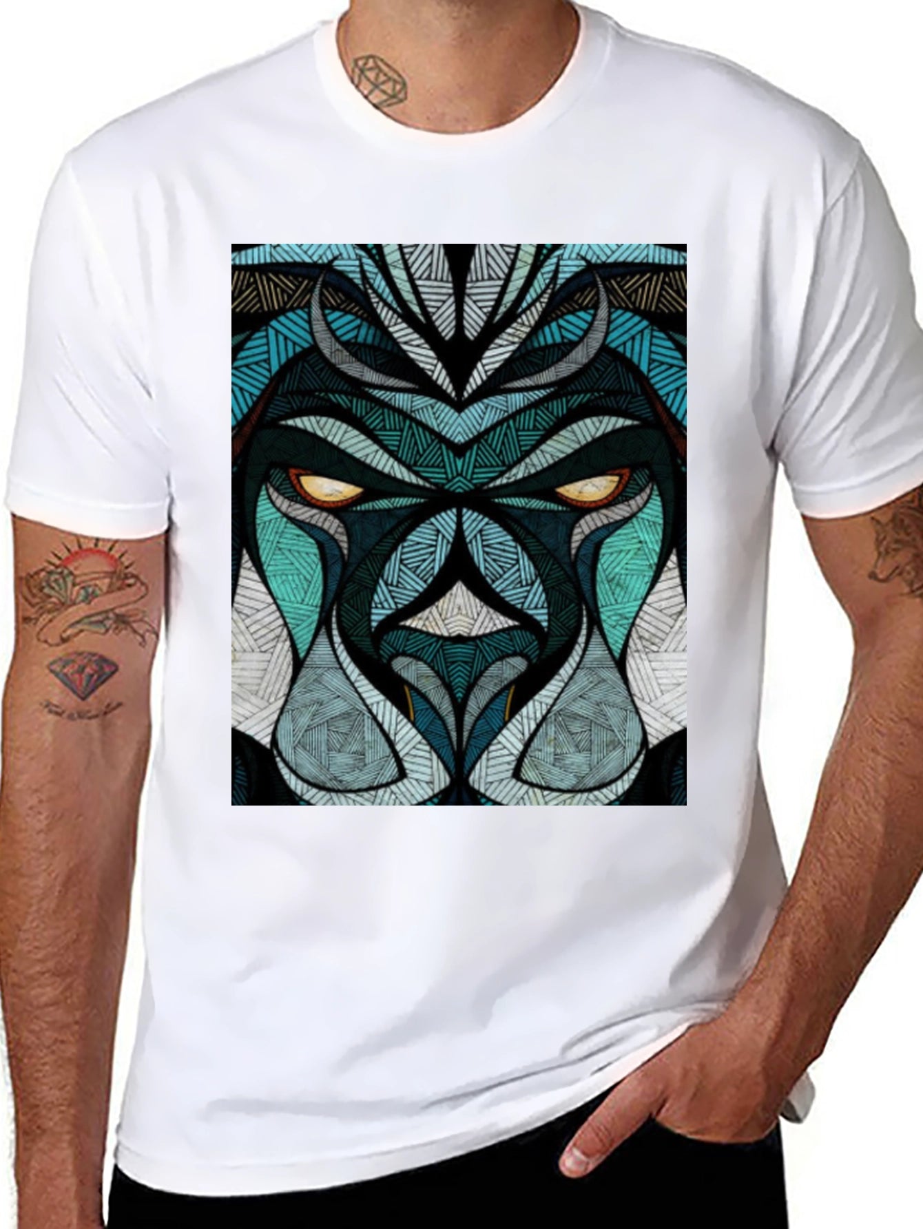Abstract Lion Face Graphic Black T-Shirt