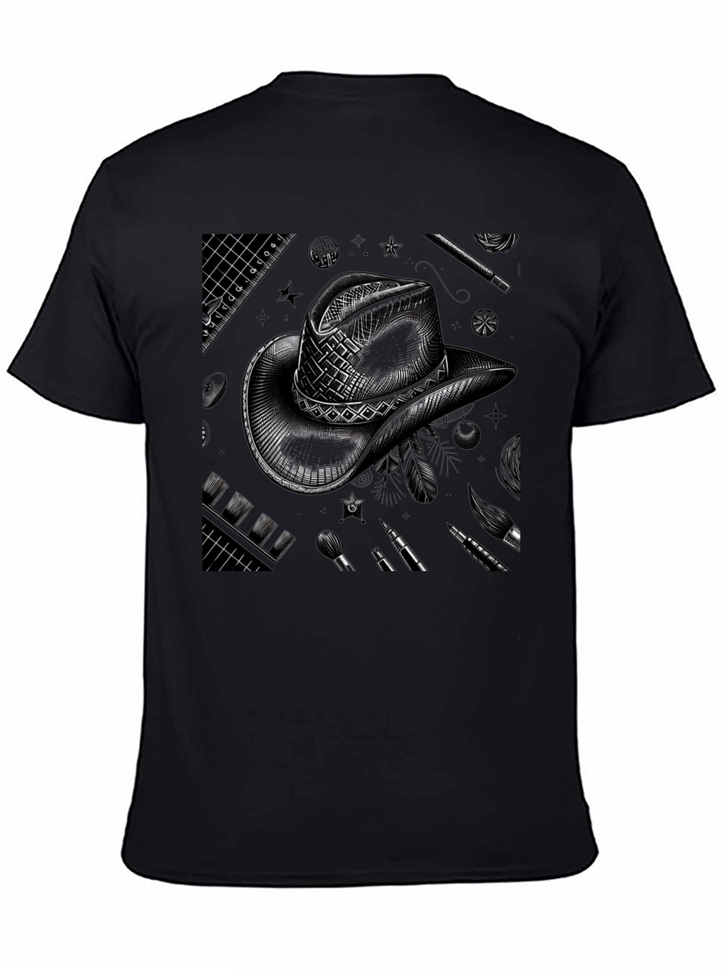 Artistic Cowboy Hat Graphic Tee - Black