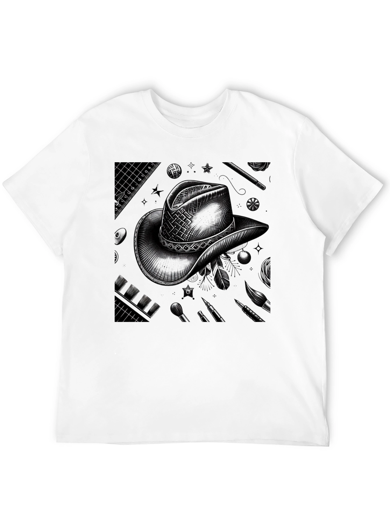 Artistic Cowboy Hat Graphic Tee - Black