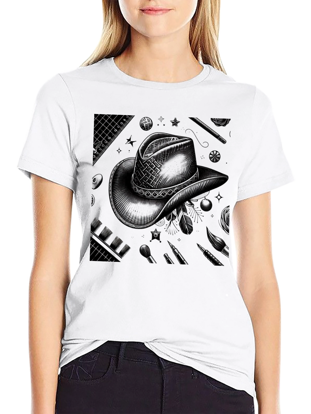 Artistic Cowboy Hat Graphic Tee - Black