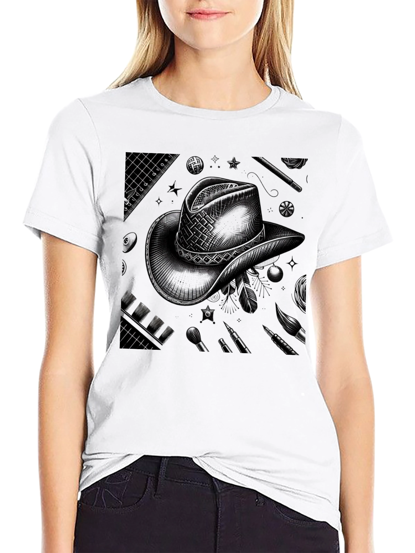Artistic Cowboy Hat Graphic Tee - Black