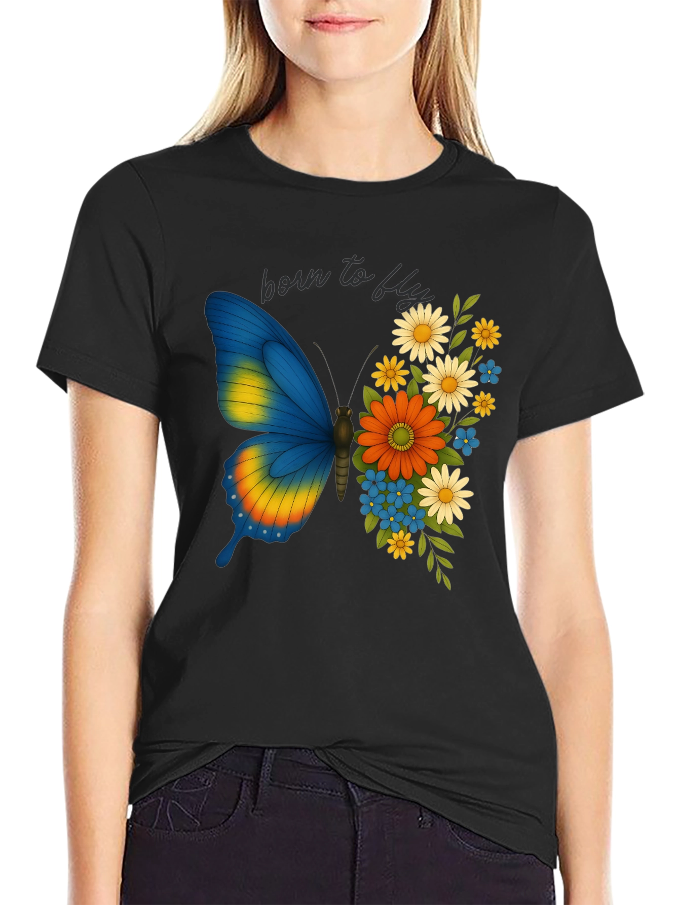 Born to Fly Butterfly Floral Graphic T-Shirt