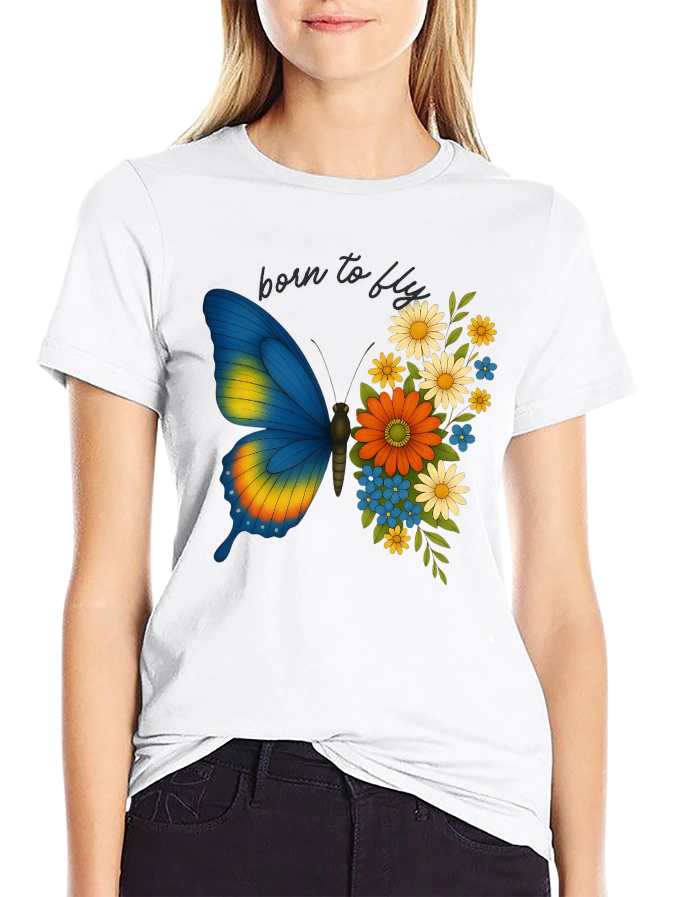 Born to Fly Butterfly Floral Graphic T-Shirt