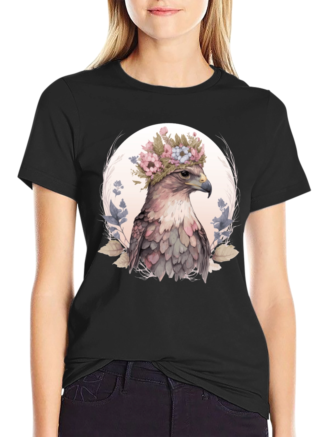 Floral Eagle Graphic Tee - Black Cotton Blend Shirt