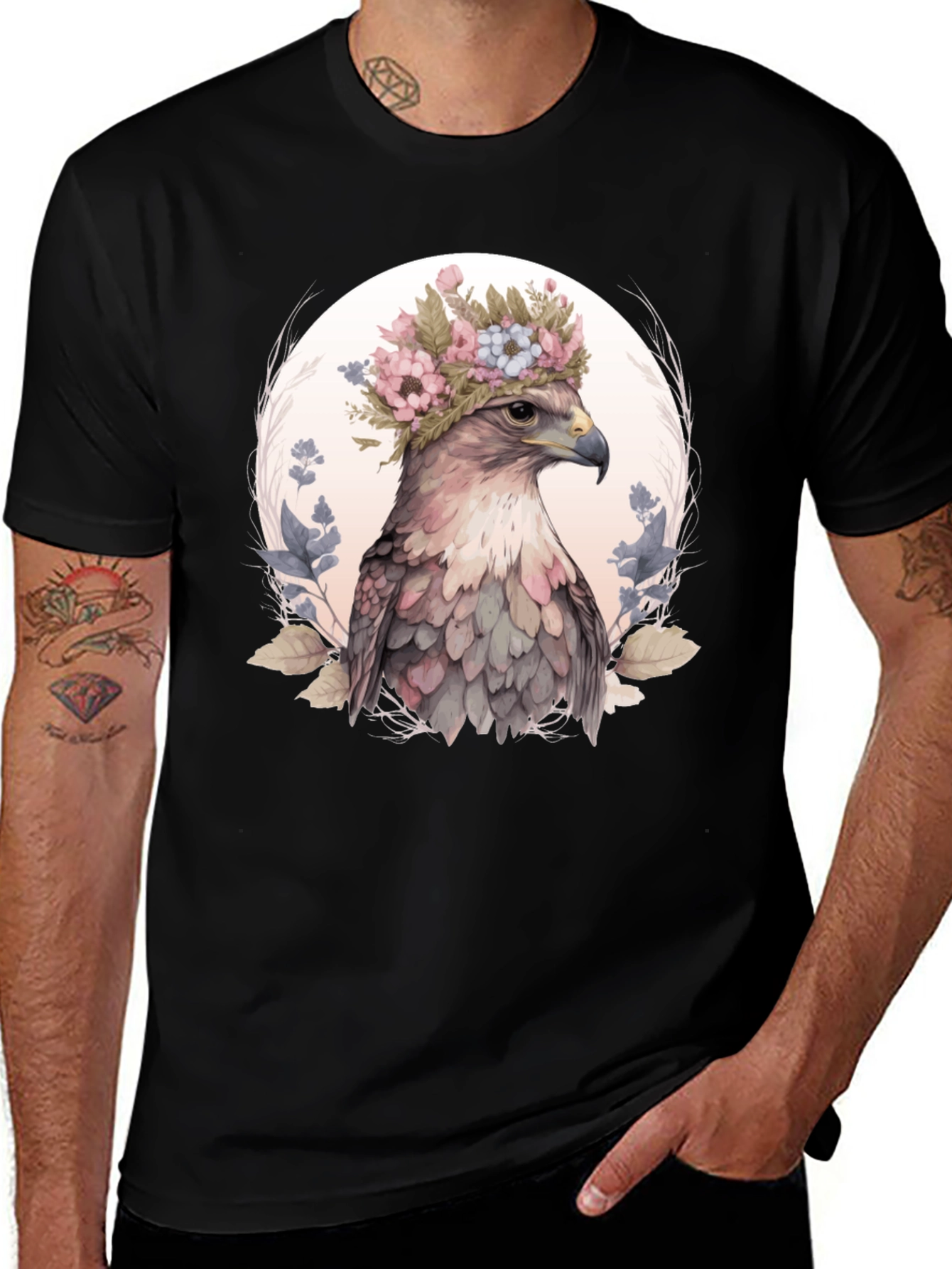 Floral Eagle Graphic Tee - Black Cotton Blend Shirt