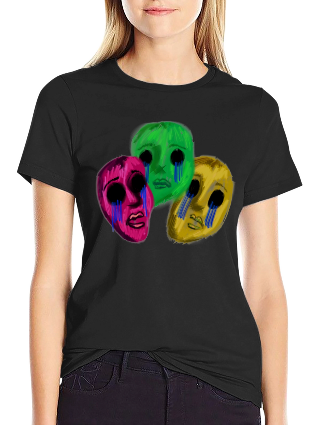 Mens Black T-Shirt with Three Crying Faces