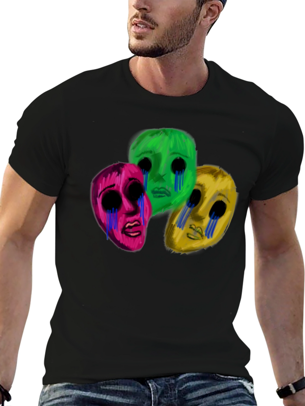 Mens Black T-Shirt with Three Crying Faces