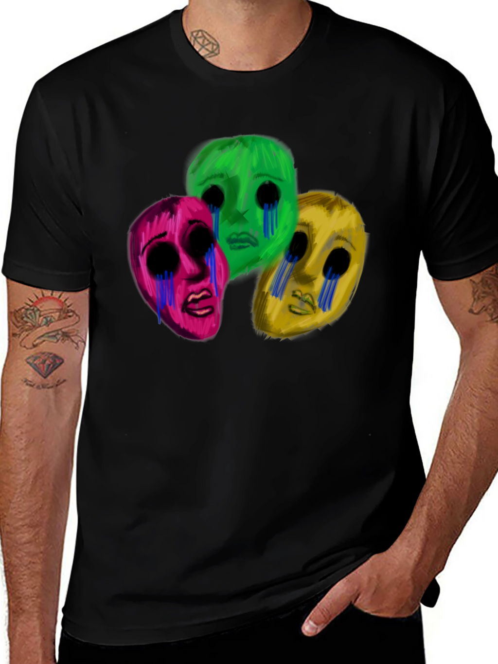 Mens Black T-Shirt with Three Crying Faces
