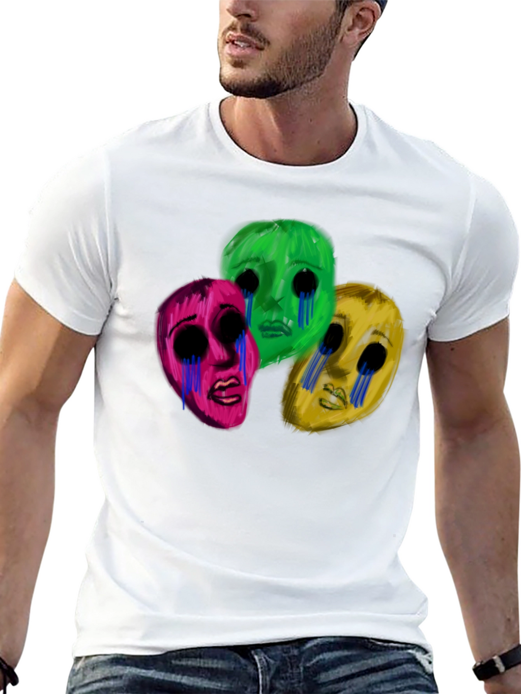 Mens Black T-Shirt with Three Crying Faces