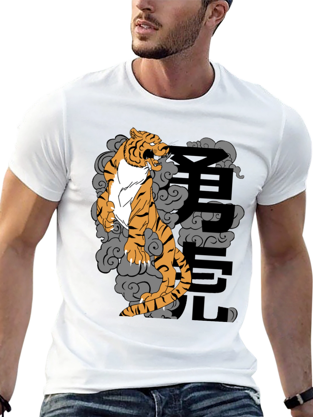 Black T-Shirt with Tiger and Japanese Character Design