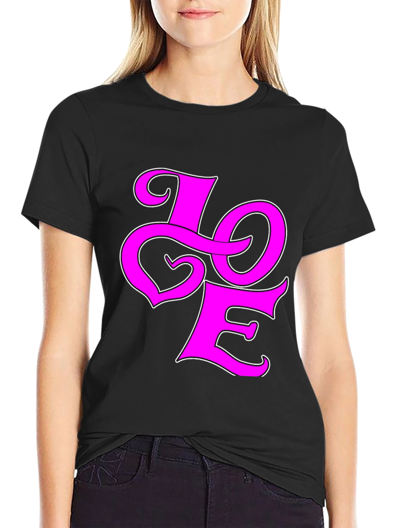 Love Graphic Tee - Pink on Black Cotton Shirt
