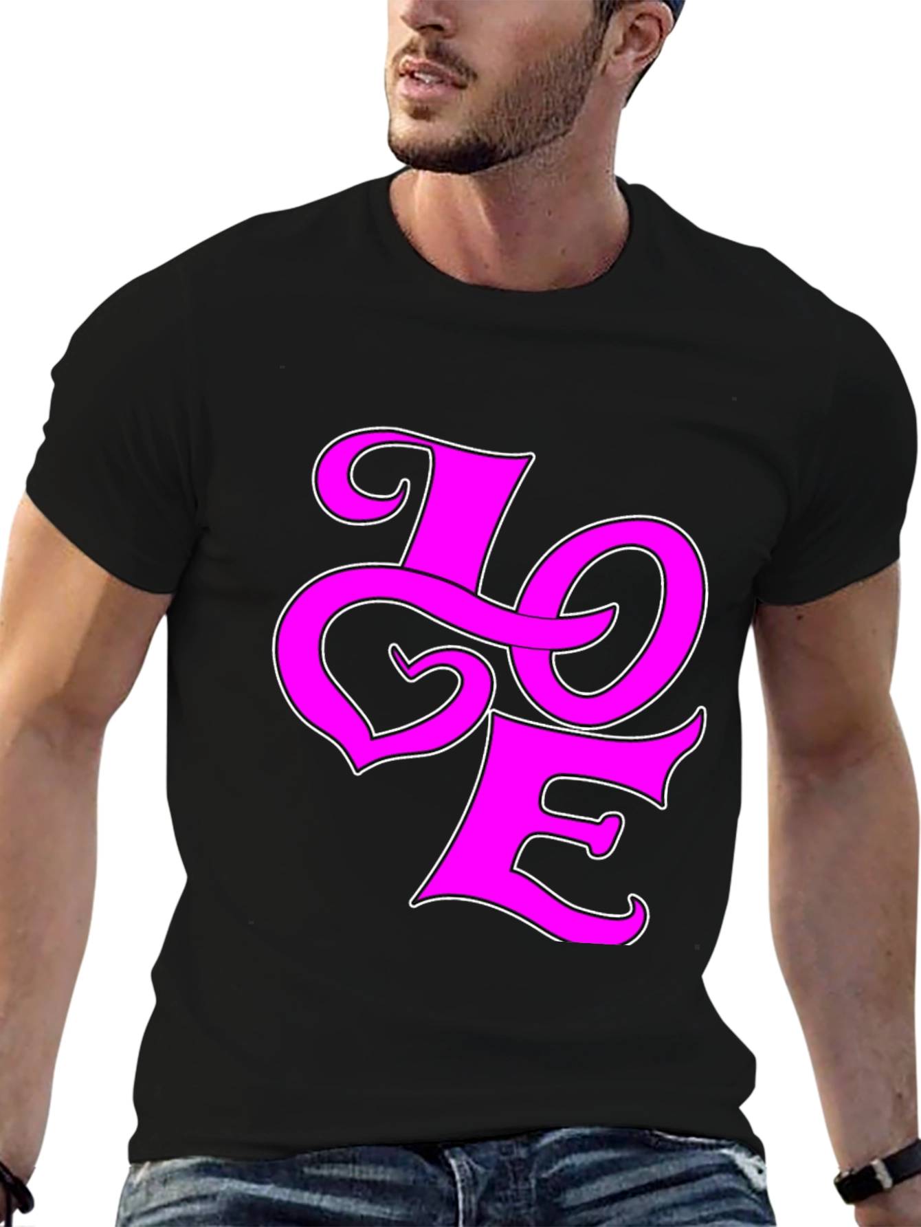 Love Graphic Tee - Pink on Black Cotton Shirt