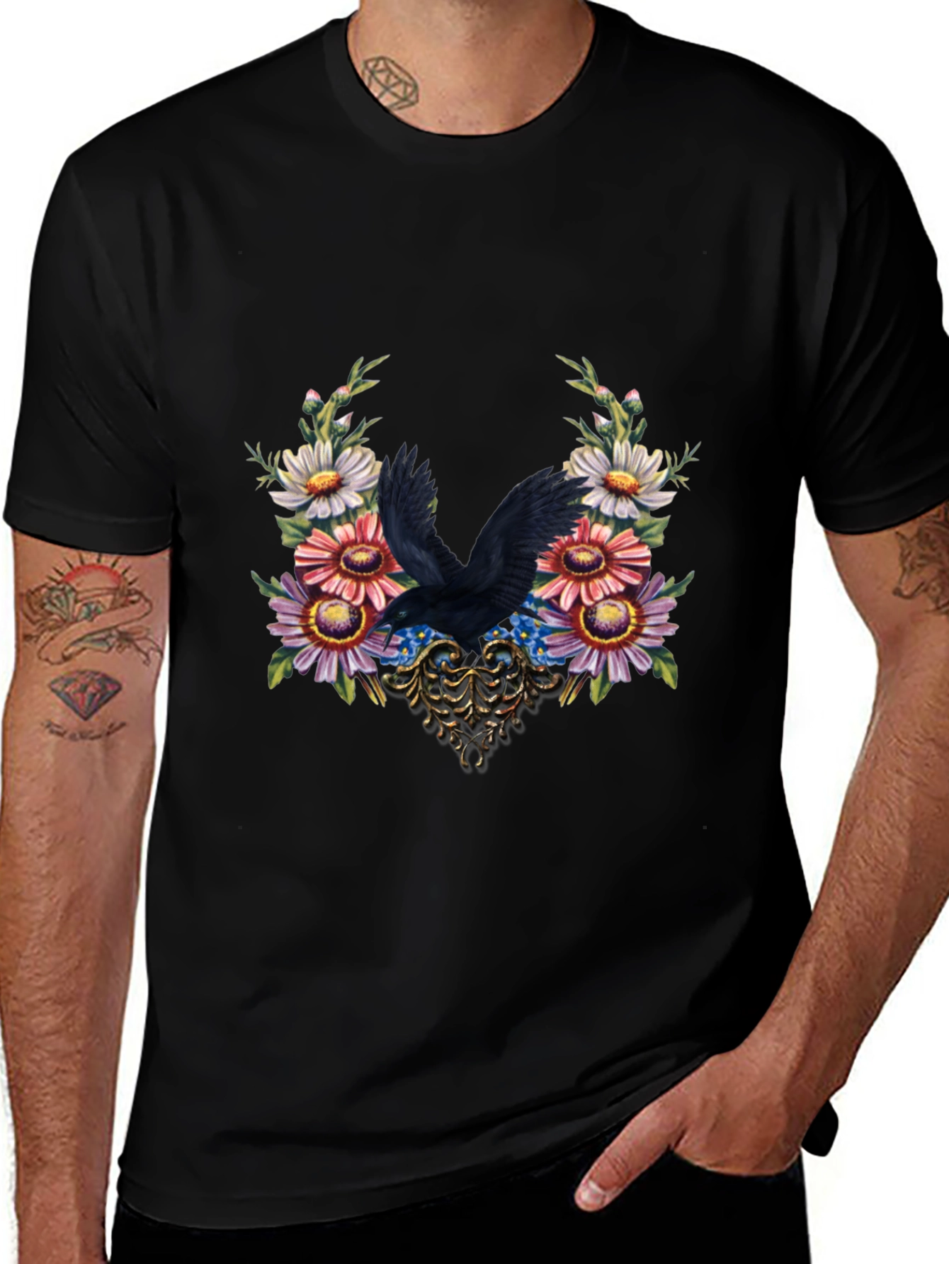 Raven & Floral Graphic Tee - Dark Bird Art Shirt
