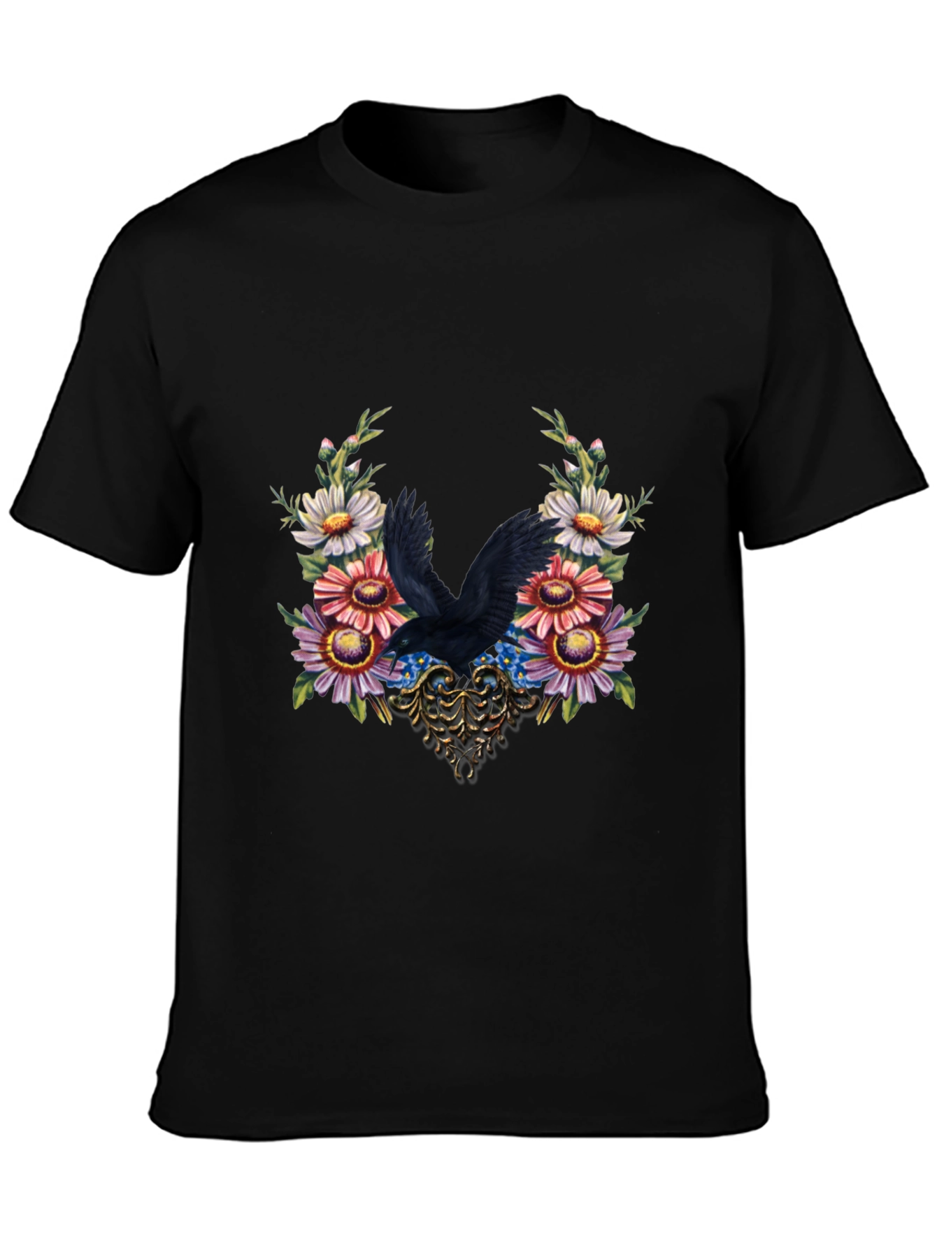 Raven & Floral Graphic Tee - Dark Bird Art Shirt