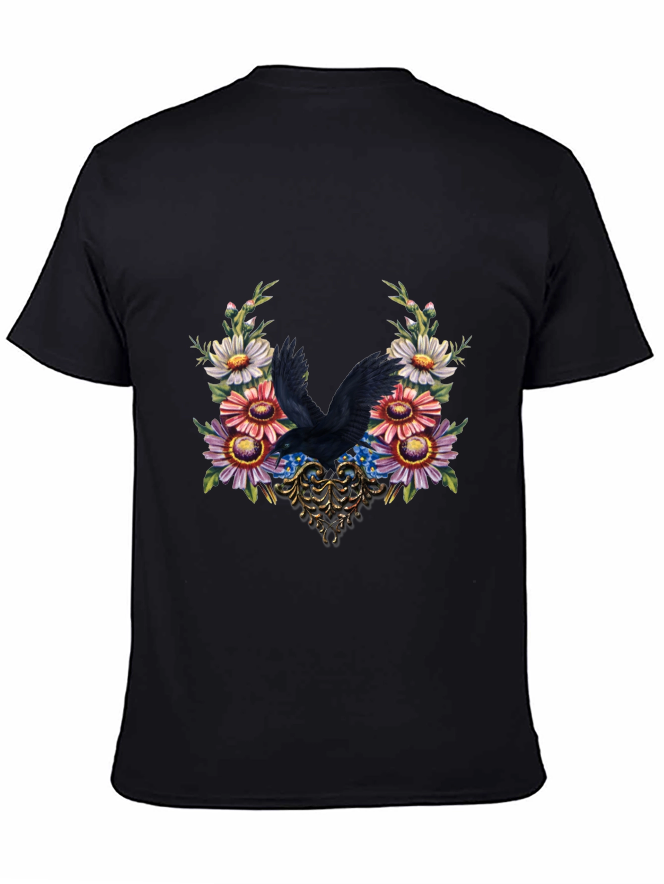 Raven & Floral Graphic Tee - Dark Bird Art Shirt
