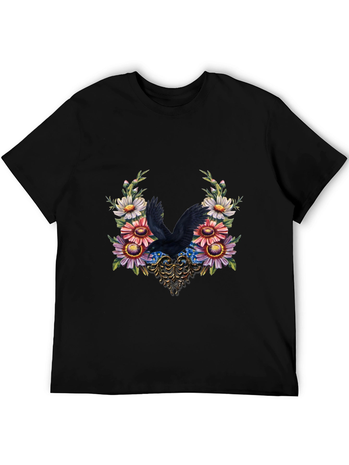 Raven & Floral Graphic Tee - Dark Bird Art Shirt