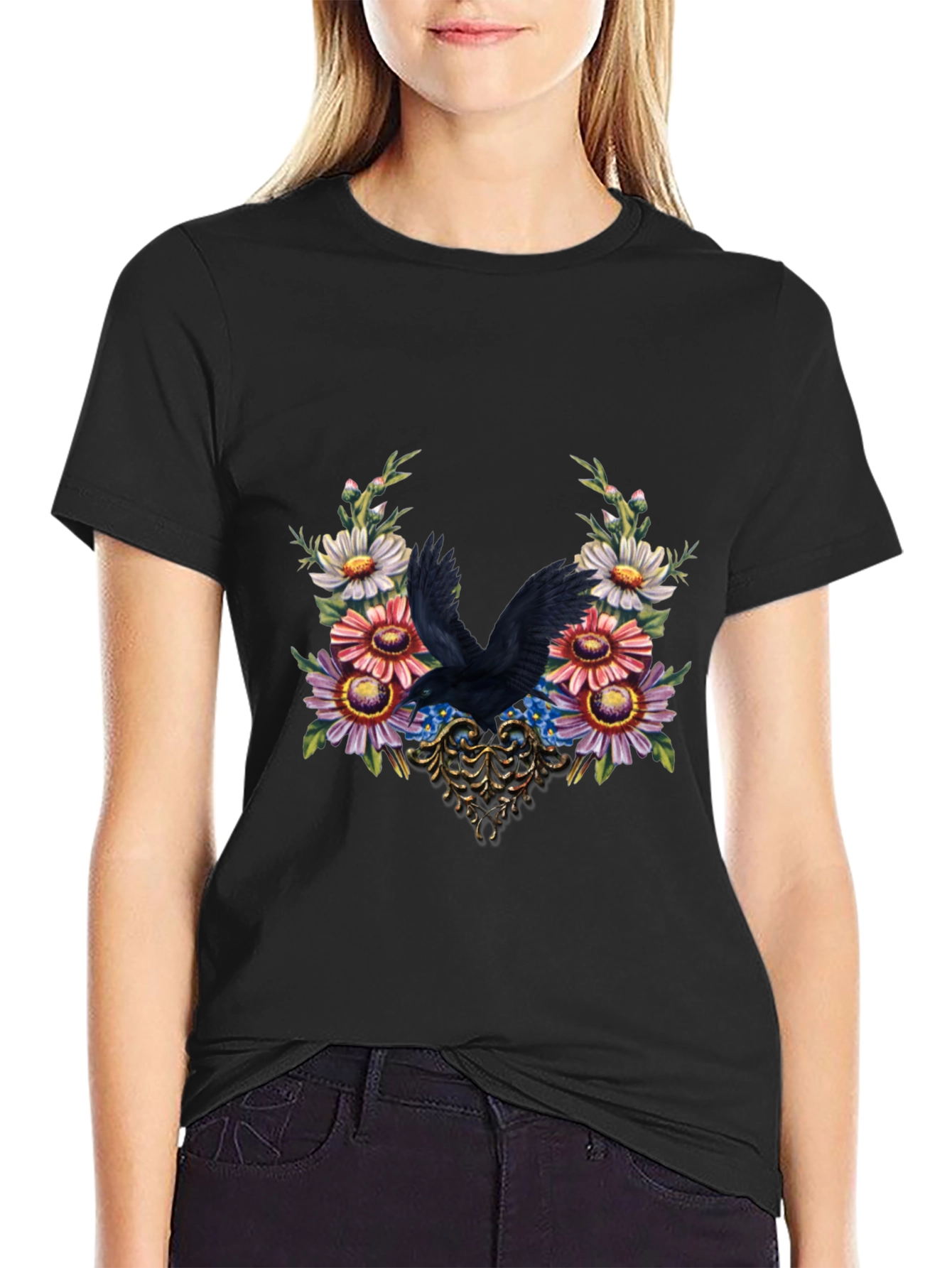 Raven & Floral Graphic Tee - Dark Bird Art Shirt