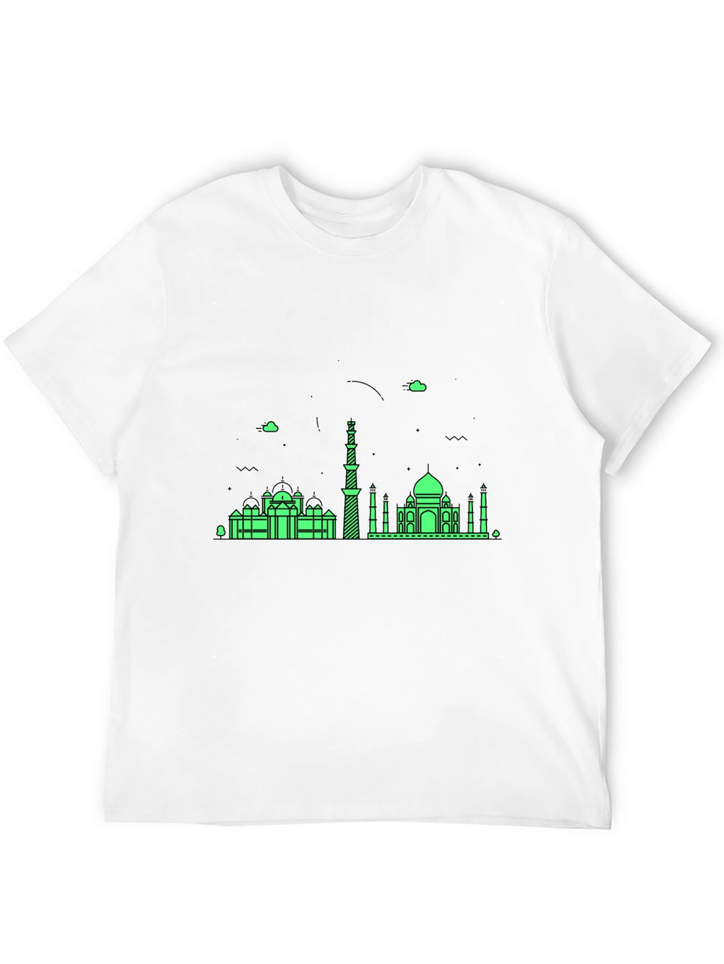Black T-Shirt with Green City Skyline Design