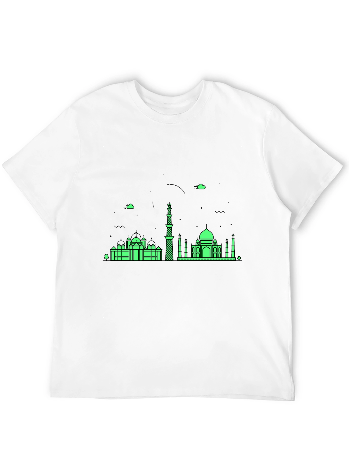 Black T-Shirt with Green City Skyline Design