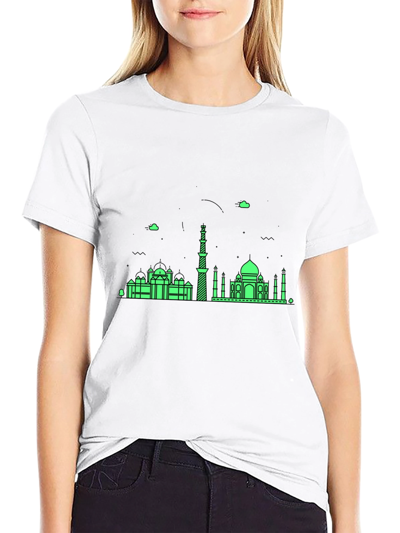 Black T-Shirt with Green City Skyline Design