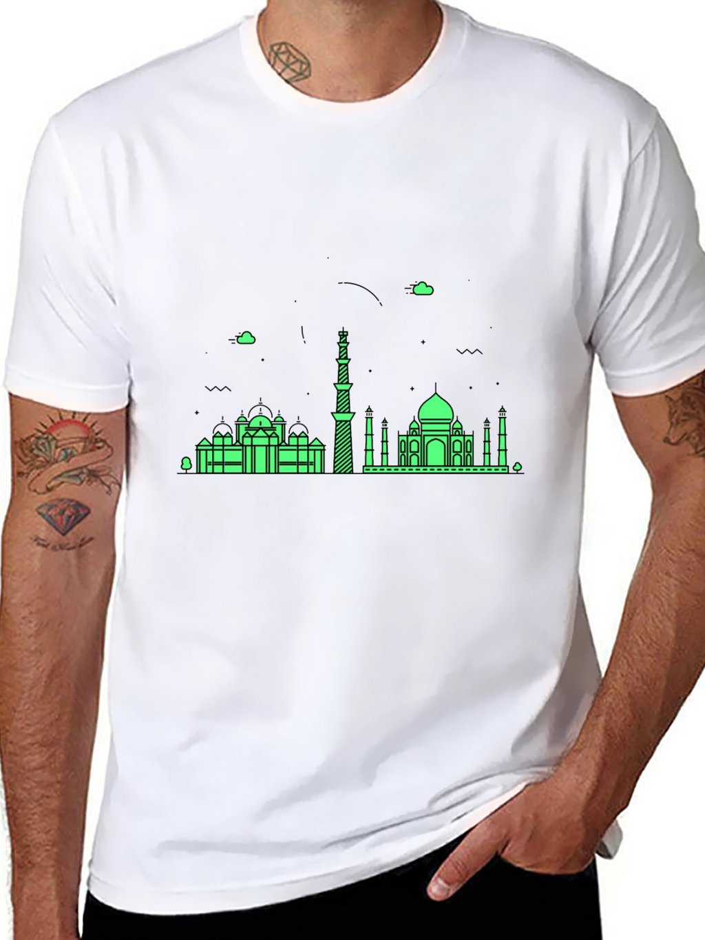 Black T-Shirt with Green City Skyline Design