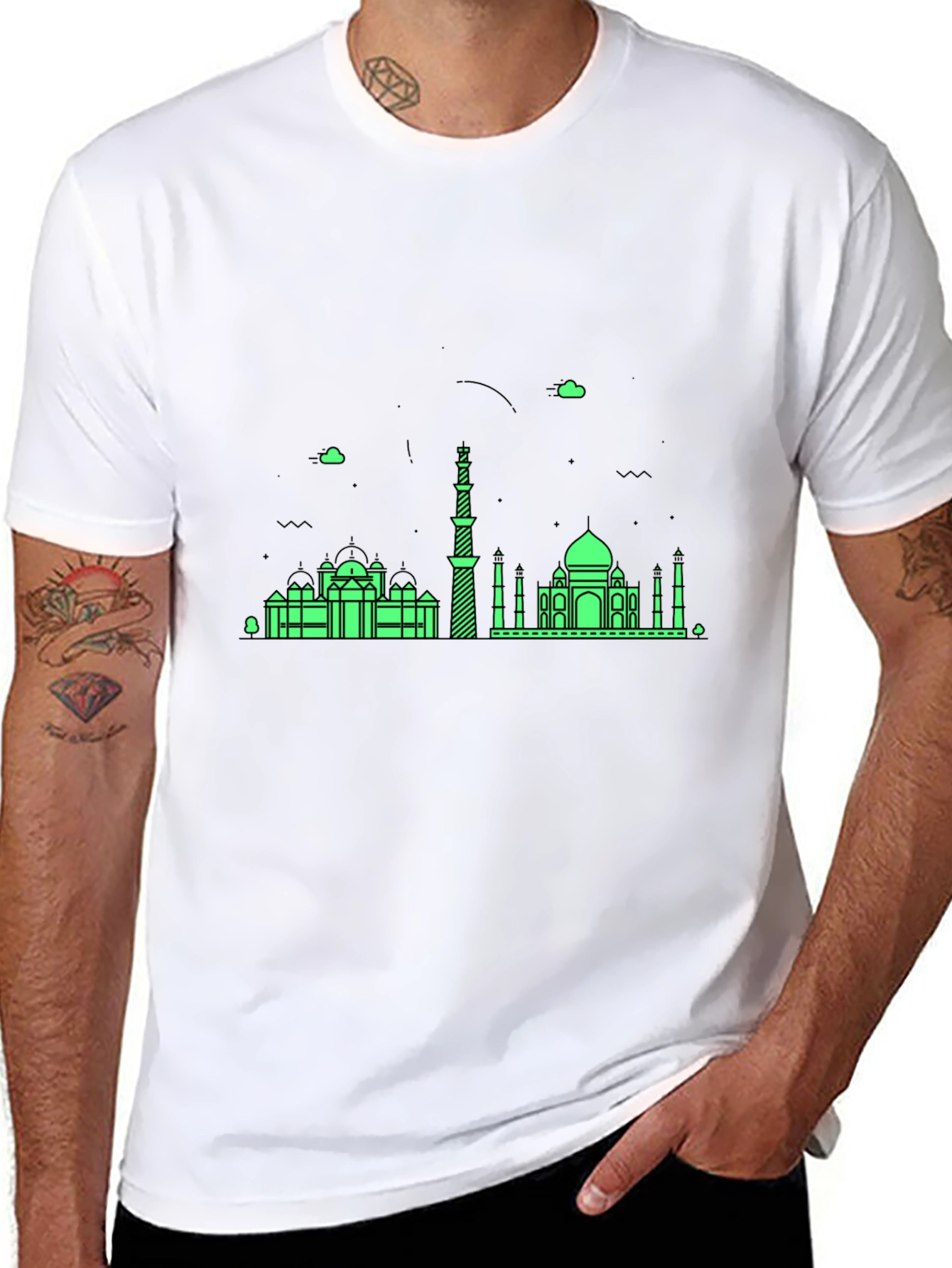 Black T-Shirt with Green City Skyline Design