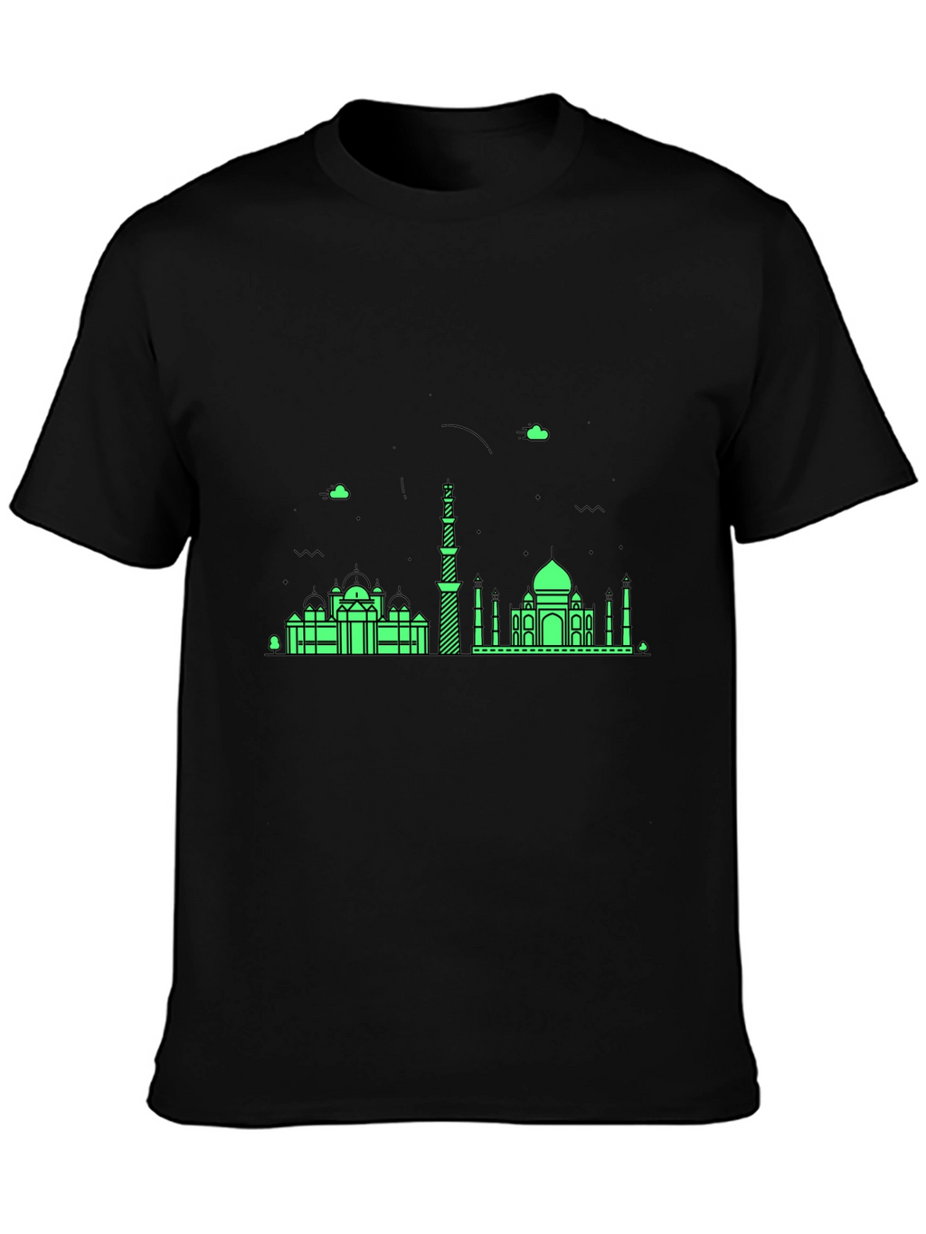 Black T-Shirt with Green City Skyline Design