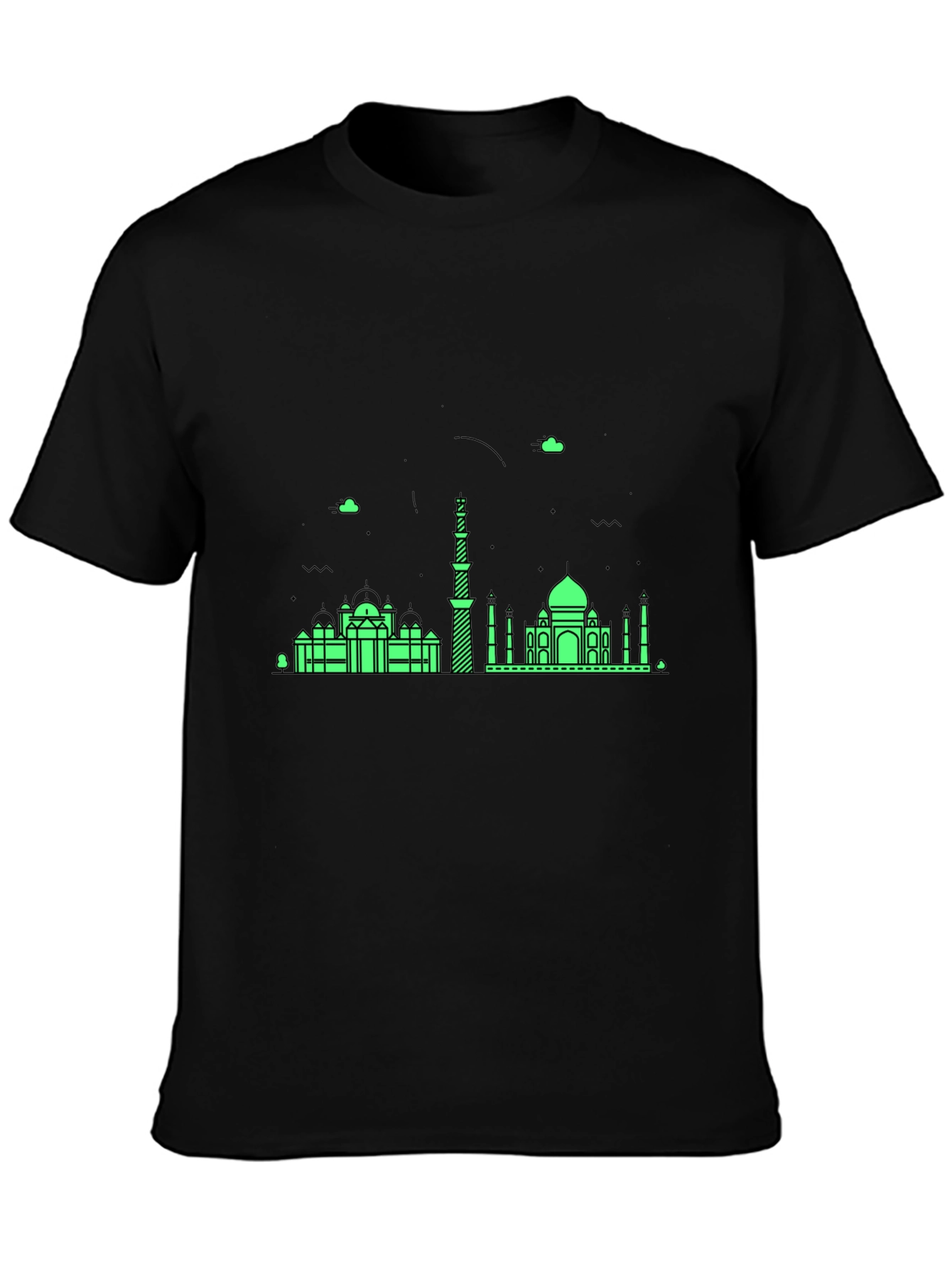 Black T-Shirt with Green City Skyline Design