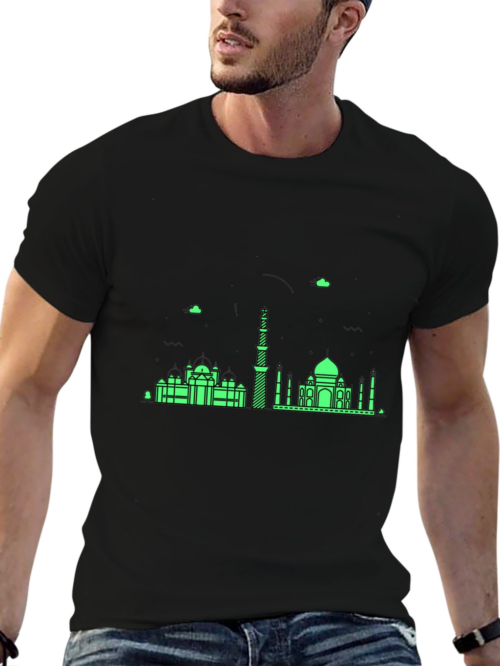 Black T-Shirt with Green City Skyline Design